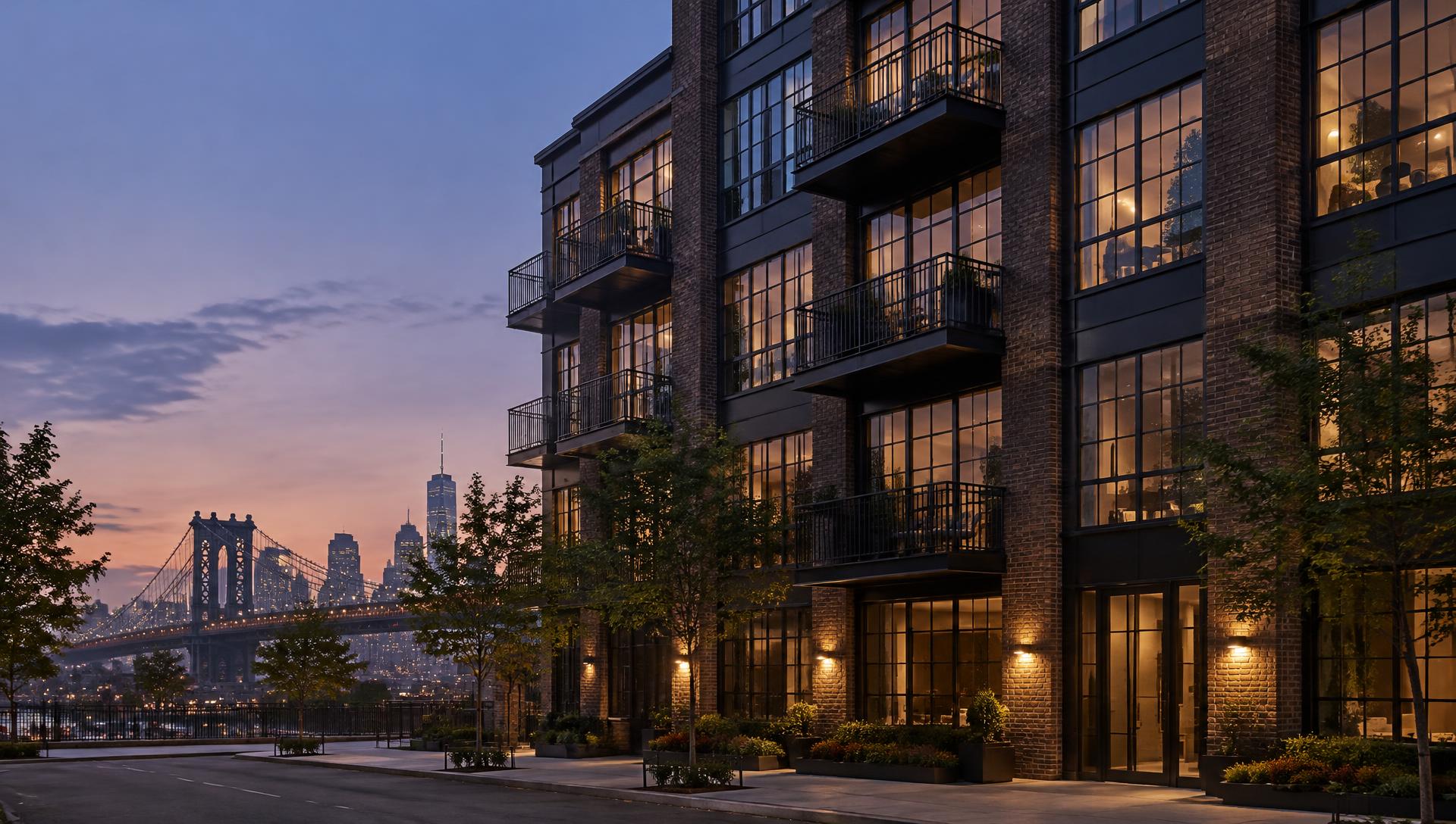 Modern brick multifamily apartment building in Brooklyn at dusk